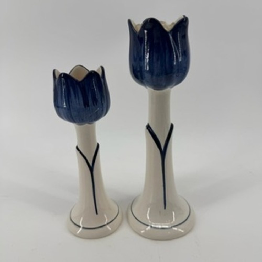 Vintage Delft Blauw Handpainted Tulip Candlestick Holders Set of 2 Holland Blue